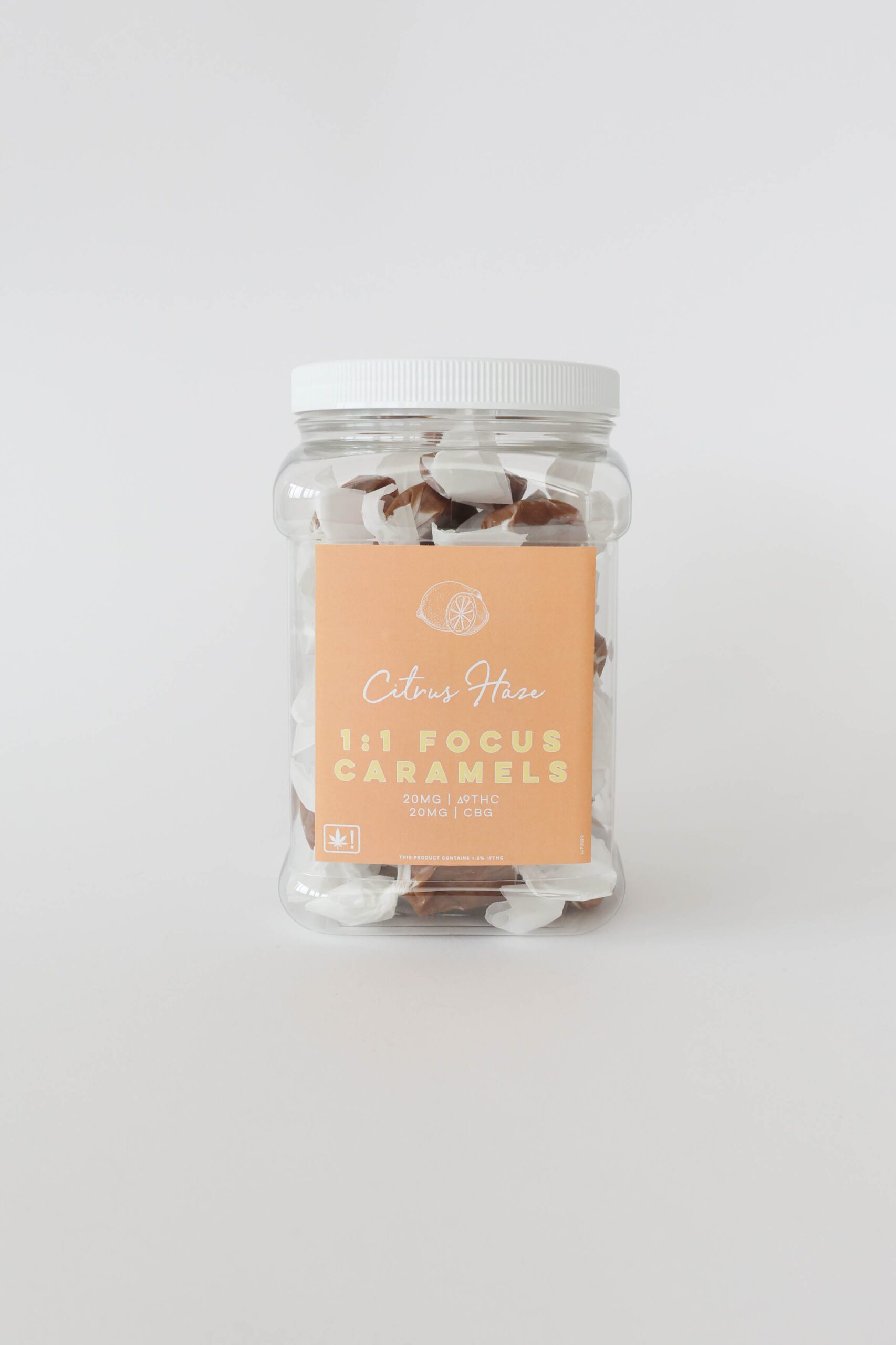 A sativa caramel with 20mg ∆9THC and 20mg CBG per piece. This jar comes with twenty or forty pieces.