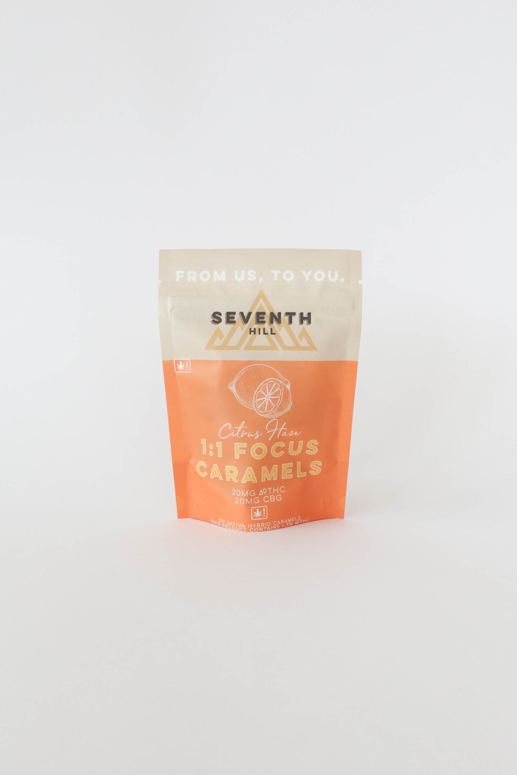 A sativa caramel with 20mg ∆9THC and 20mg CBG per piece. This bag comes with six pieces.