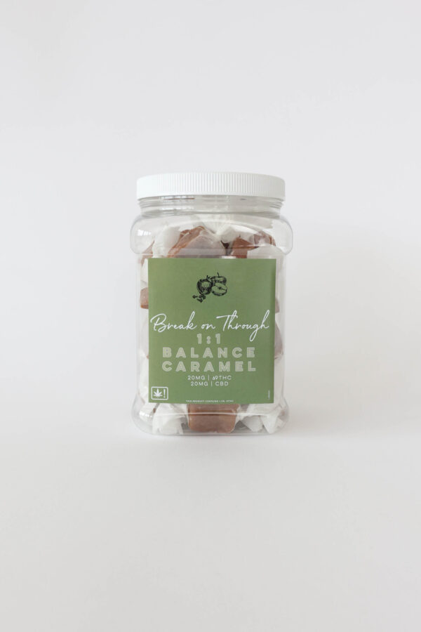A hybrid caramel with 20mg ∆9THC and 20mg CBD per piece. This jar comes with twenty or forty pieces.
