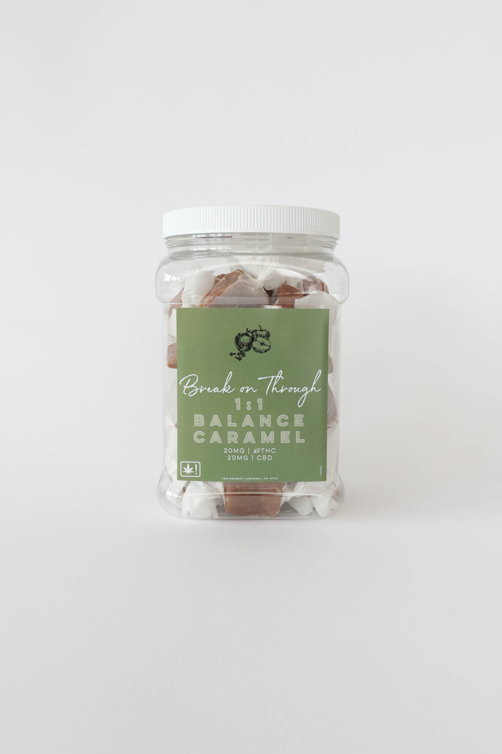 A hybrid caramel with 20mg ∆9THC and 20mg CBD per piece. This jar comes with twenty or forty pieces.