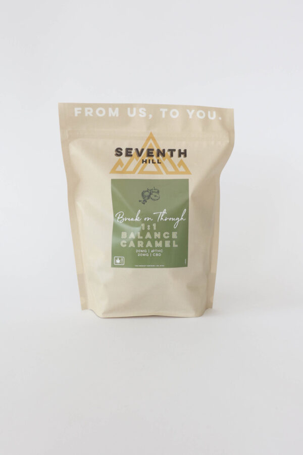A hybrid caramel with 20mg ∆9THC and 20mg CBD per piece. This bag comes with twenty or forty pieces.