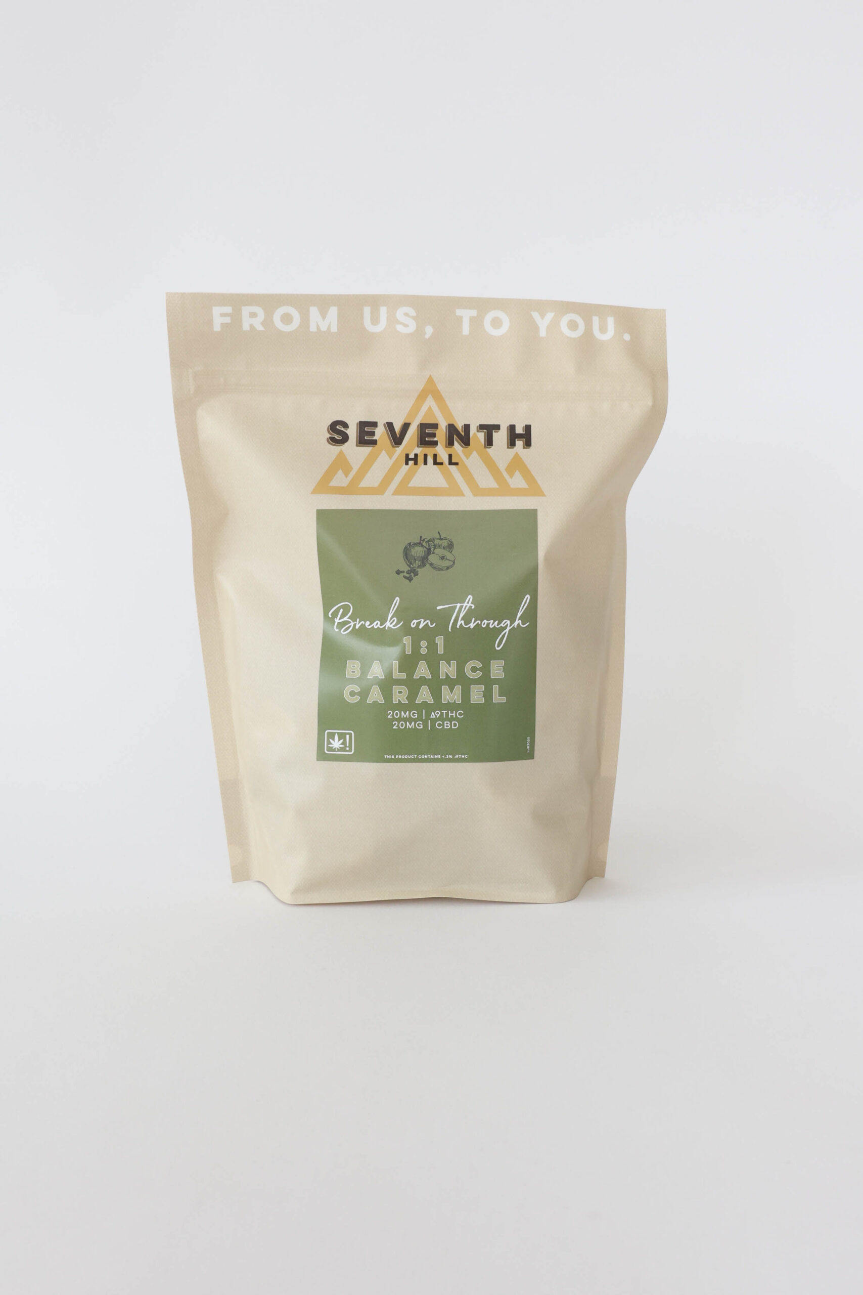 A hybrid caramel with 20mg ∆9THC and 20mg CBD per piece. This bag comes with twenty or forty pieces.
