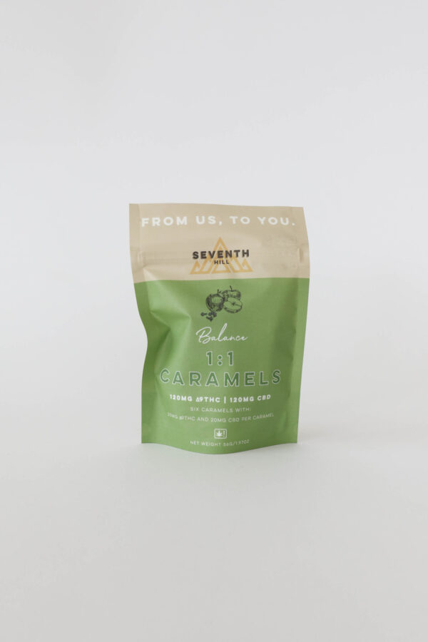 A hybrid caramel with 20mg ∆9THC and 20mg CBD per piece. This bag comes with six pieces.
