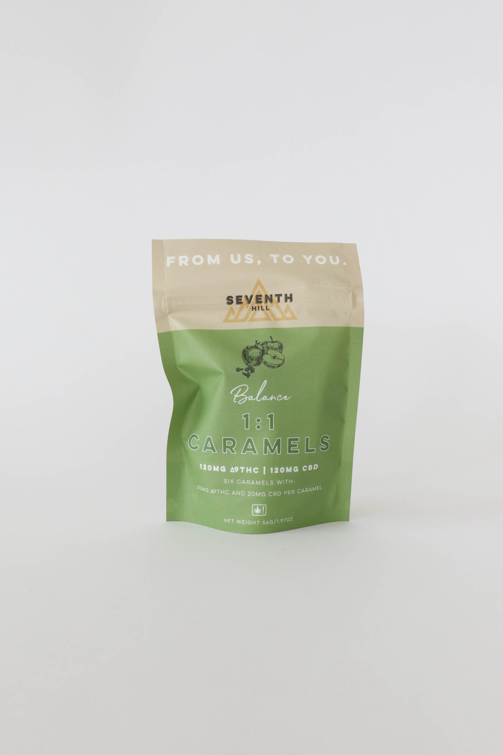 A hybrid caramel with 20mg ∆9THC and 20mg CBD per piece. This bag comes with six pieces.