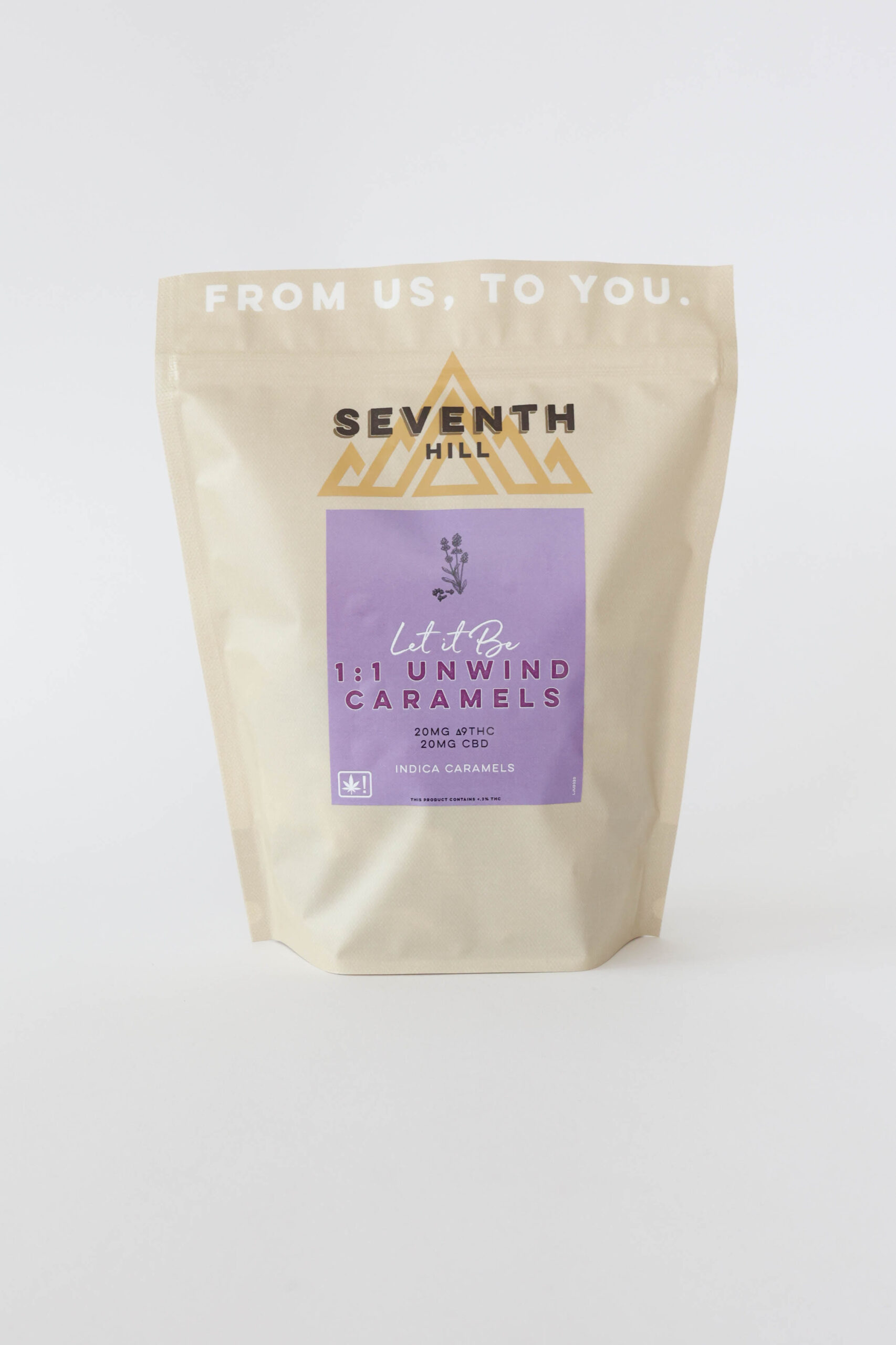 An indica caramel with 20mg ∆9THC and 20mg CBD per piece. This bag has twenty or forty pieces.