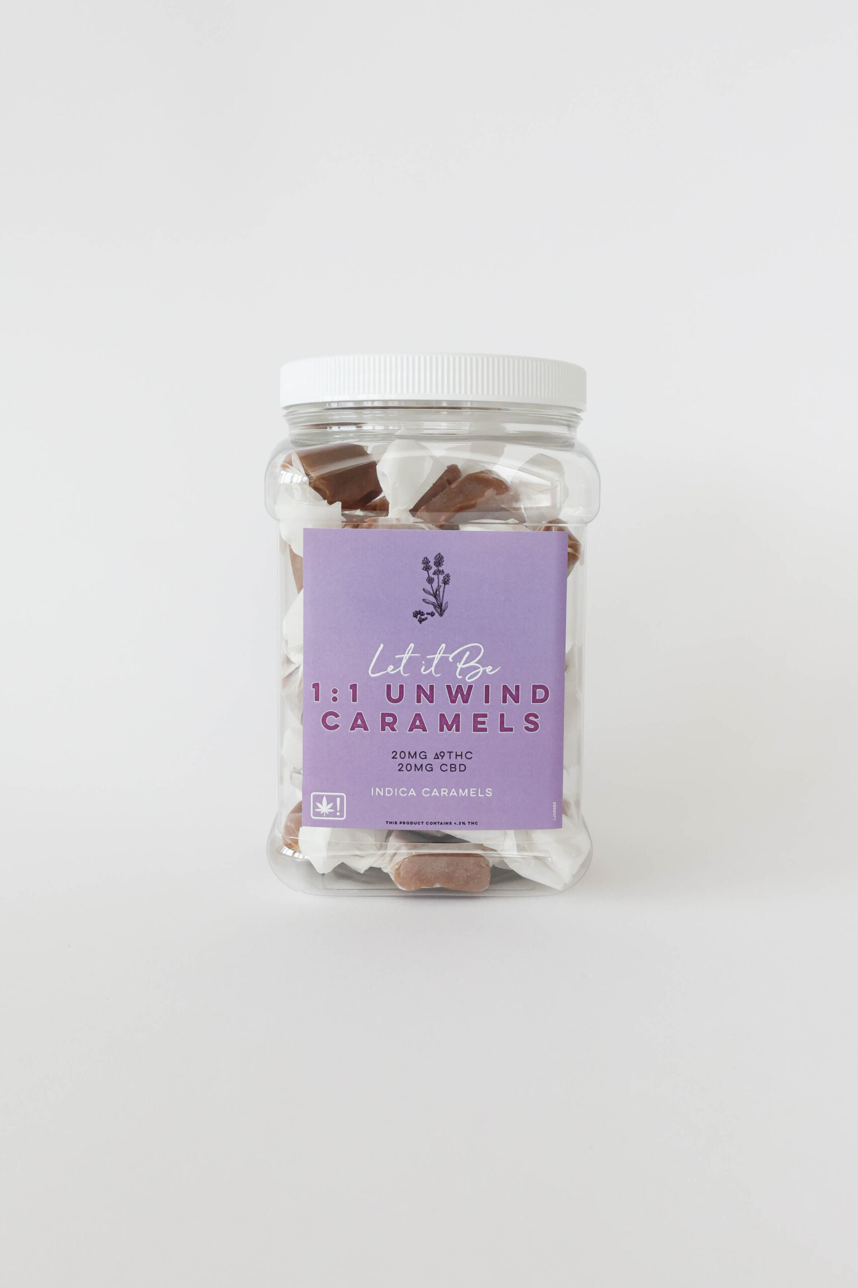 An indica caramel with 20mg ∆9THC and 20mg CBD per piece. This jar has twenty or forty pieces.