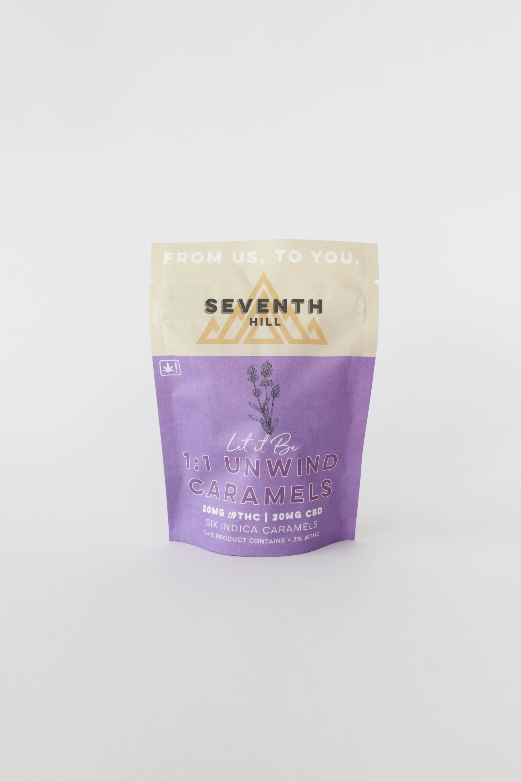 An indica caramel with 20mg ∆9THC and 20mg CBD per piece. This bag has six pieces.