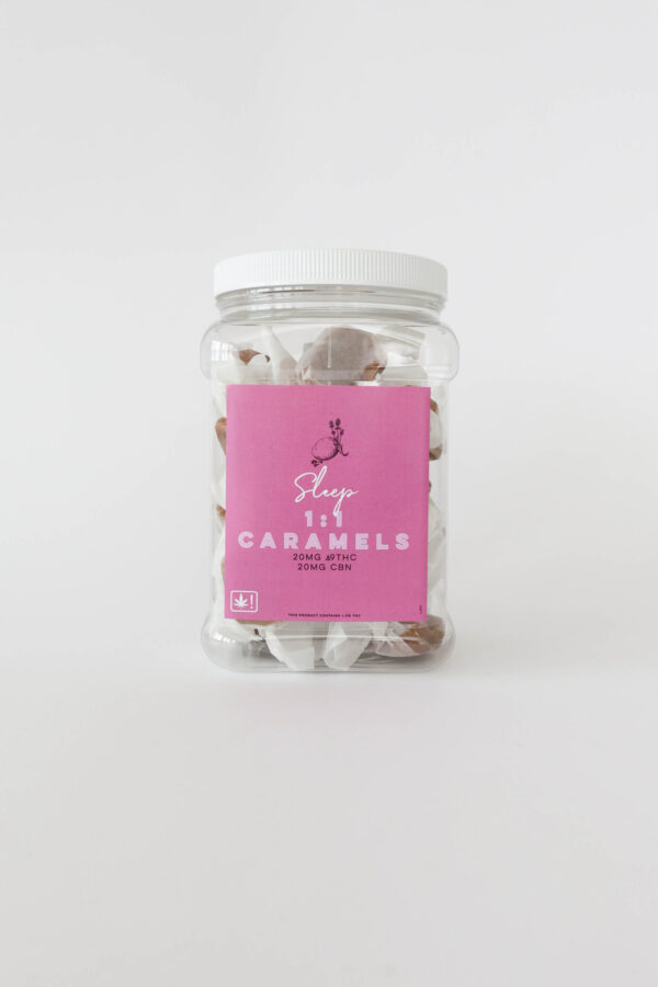 A bag of caramels with 20mg THC and 20mg CBN plus an indica terpene profile. This jar has twenty or forty pieces.