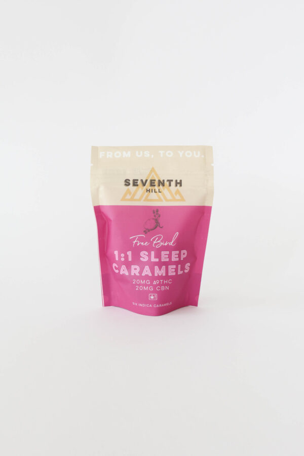 A bag of caramels with 20mg THC and 20mg CBN plus an indica terpene profile. This bag has six pieces.