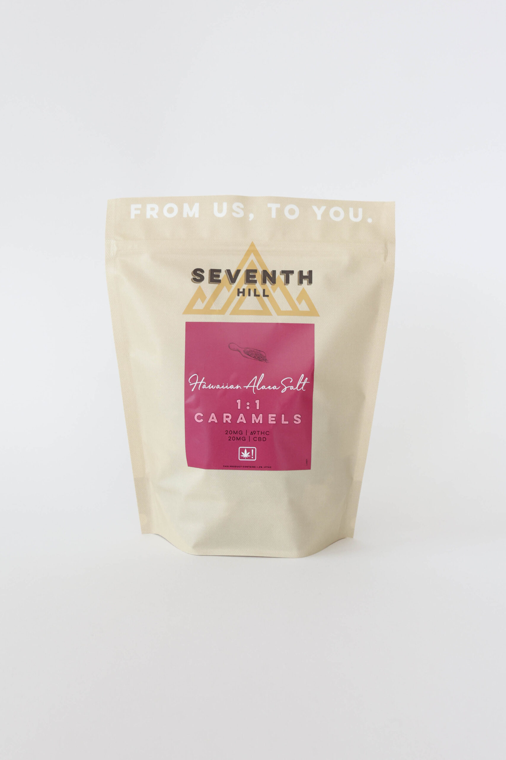 A salted caramel with 20mg ∆9THC and 20mg CBD per piece. This bag has twenty or forty pieces.