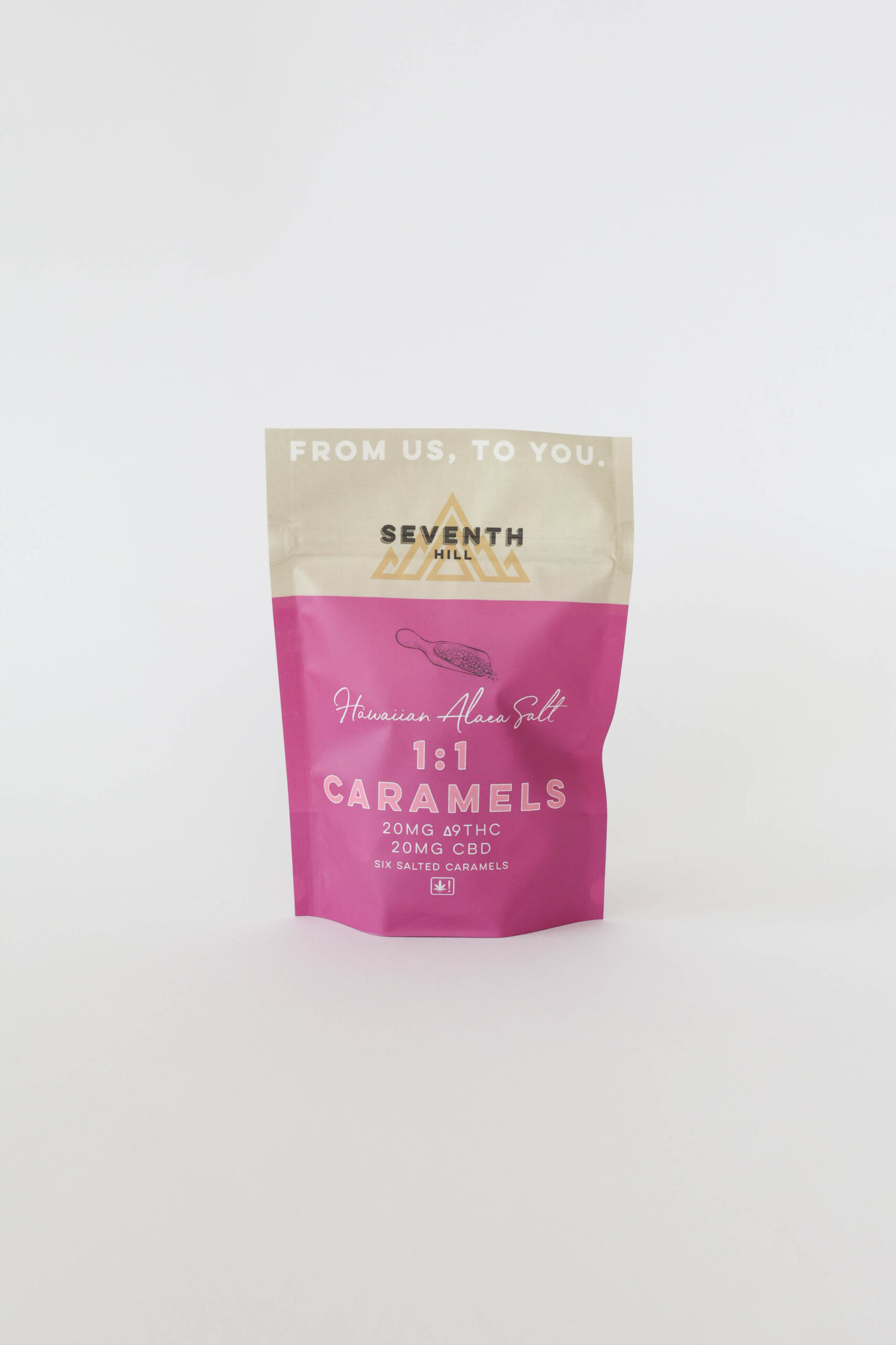 A salted caramel with 20mg ∆9THC and 20mg CBD per piece. This bag has six pieces.