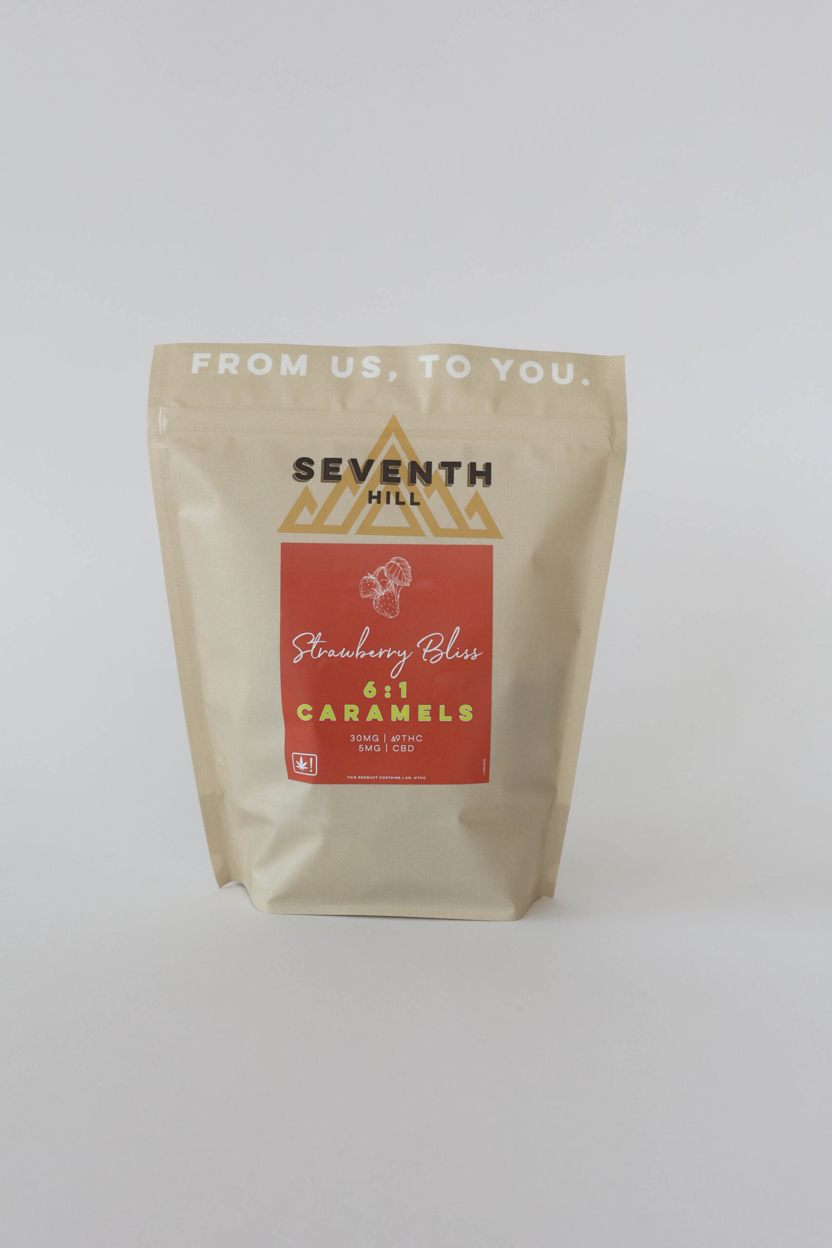 A strawberry flavored caramel with 30mg ∆9THC and 5mg CBD per piece. This bag comes with twenty or forty pieces.