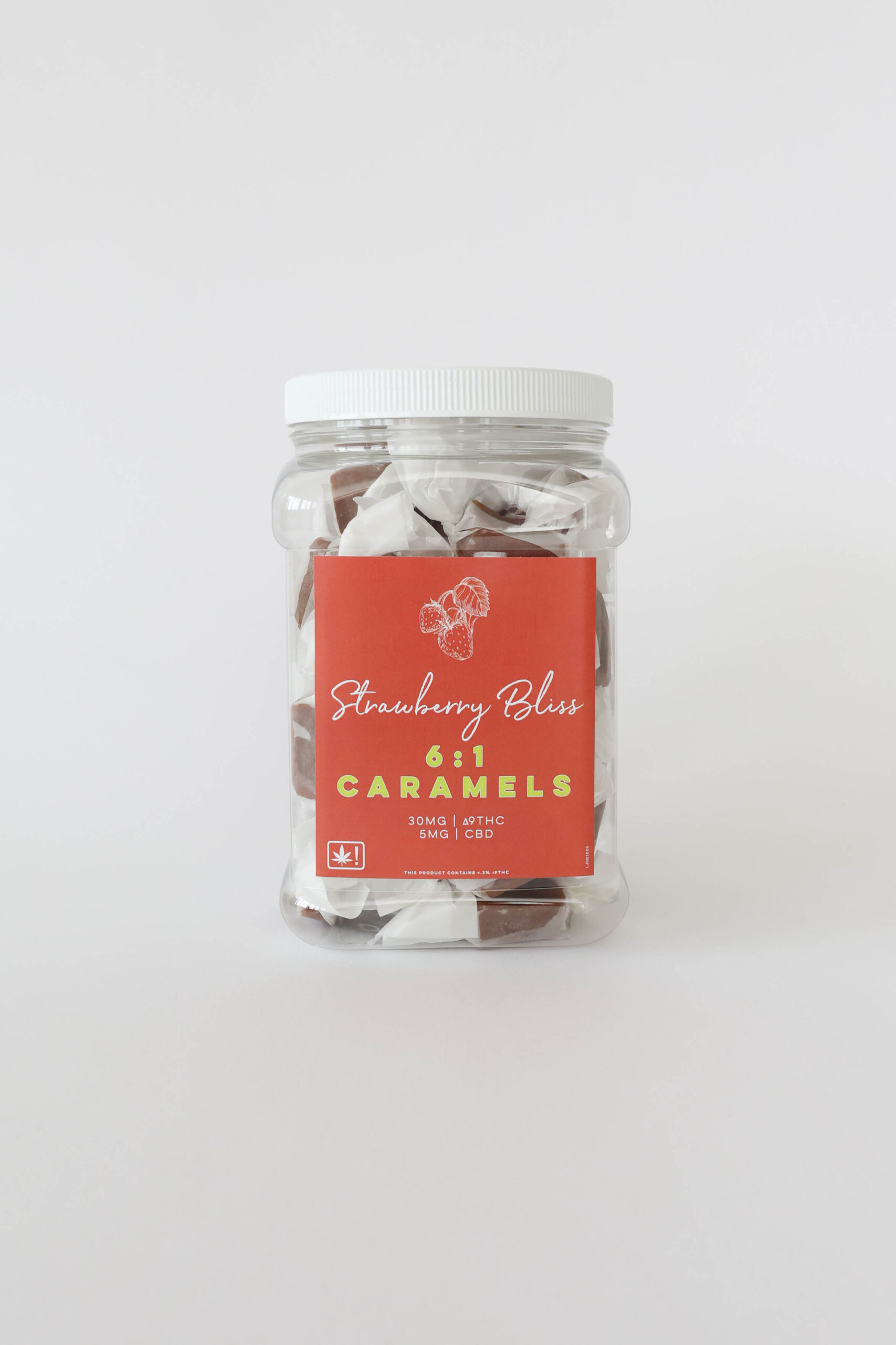 A strawberry flavored caramel with 30mg ∆9THC and 5mg CBD per piece. This jar comes with twenty or forty pieces.