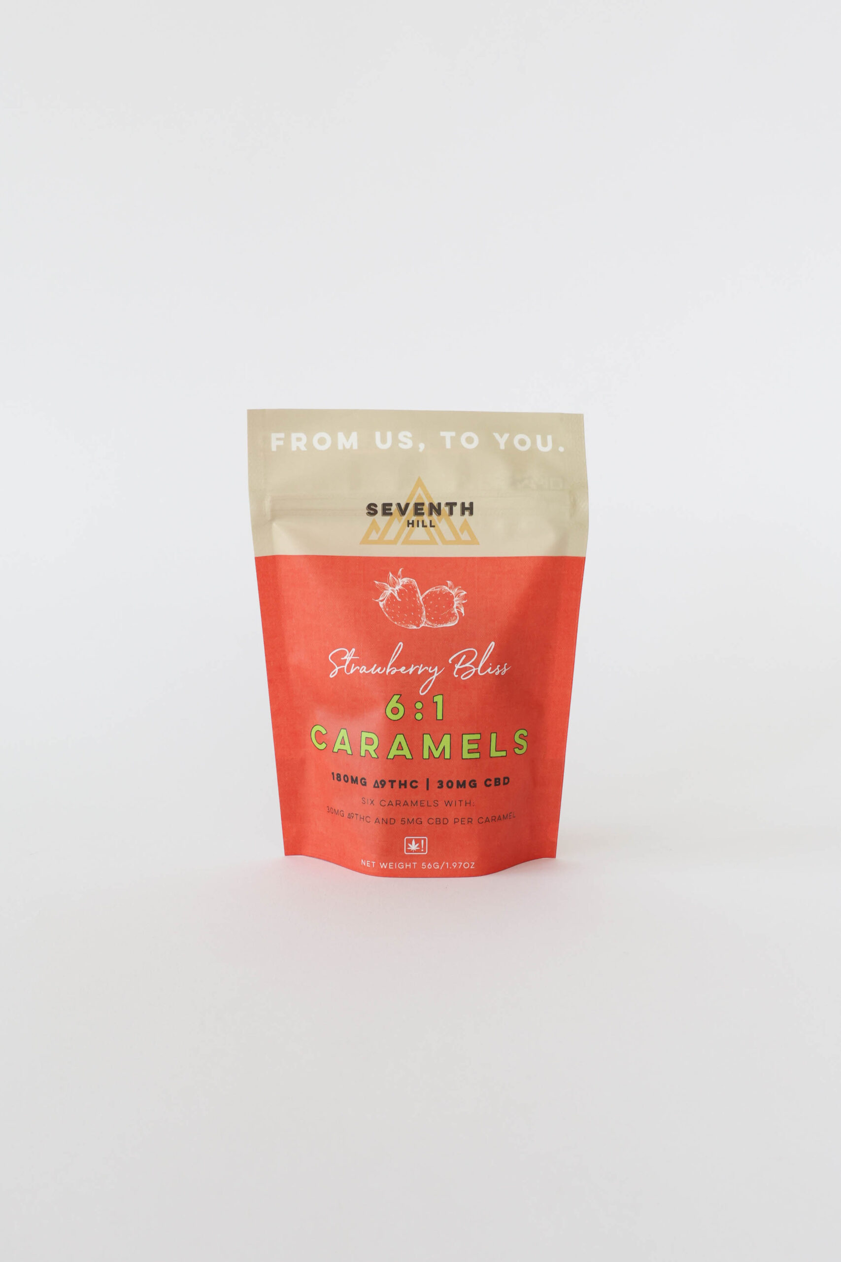 A strawberry flavored caramel with 30mg ∆9THC and 5mg CBD per piece. This bag comes with six pieces.